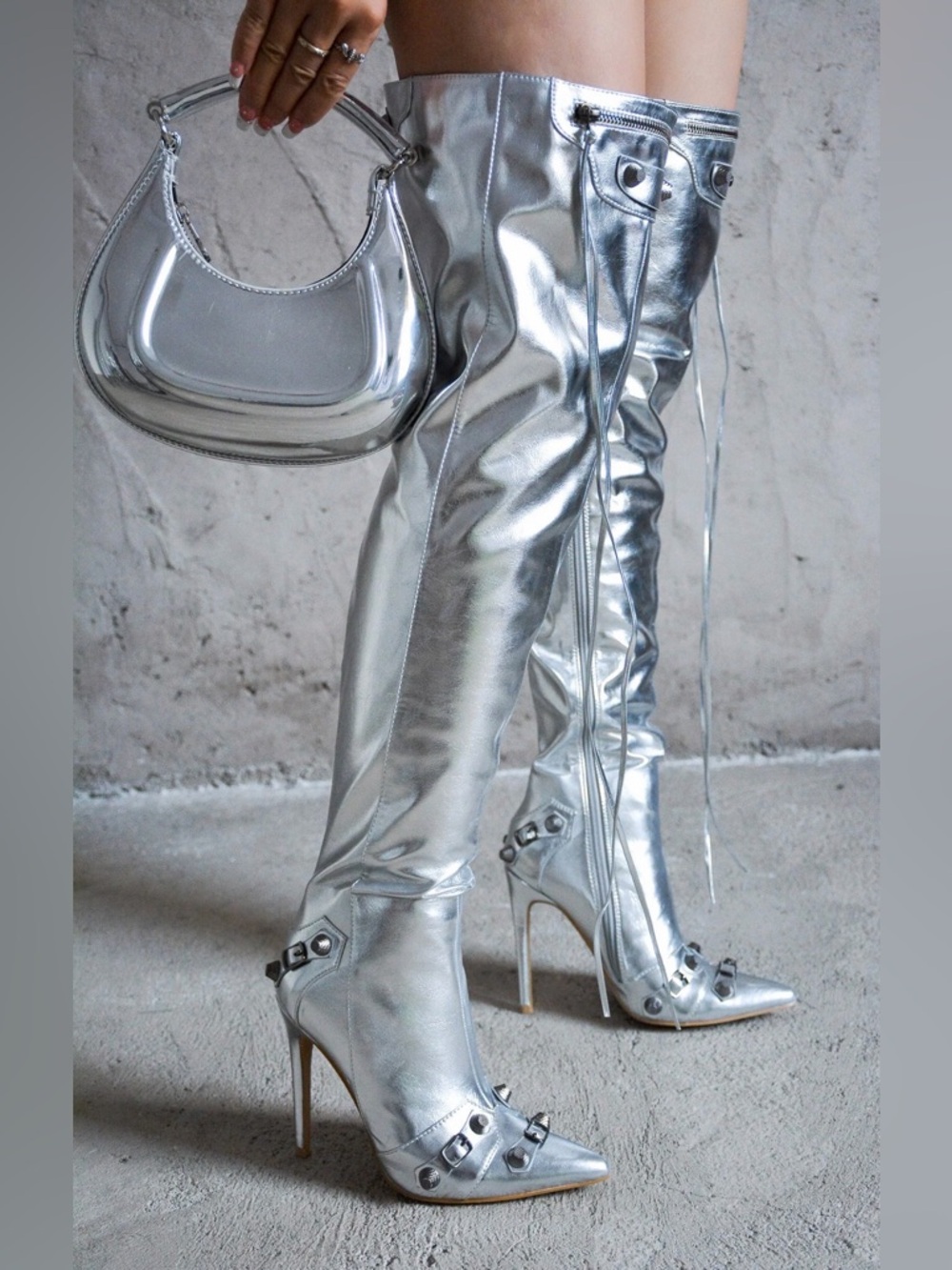 Cape Robbin Pofin-2 Metallic Thigh High Pointy Toe Boots - Silver Women Size 6
